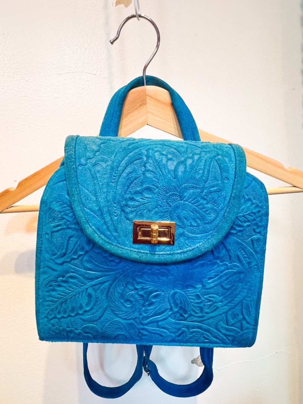 Handmade Embossed Mini Backpack Teal Floral Tooled Bag